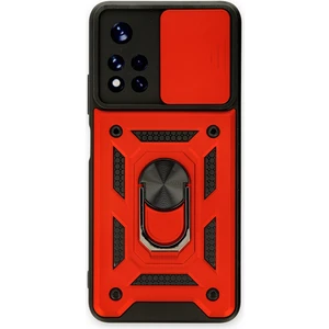 Aqua Aksesuar Xiaomi Redmi Note 11T Kılıf Kamera Korumalı Sürgülü Yüzüklü Armor Military Zırh Tank - Kırmızı