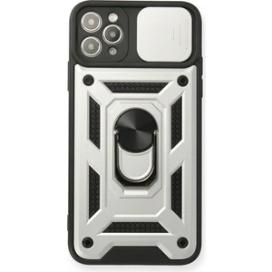 Aqua Aksesuar iPhone 11 Pro Max Kılıf Kamera Korumalı Sürgülü Yüzüklü Armor Military Zırh Tank - Gümüş