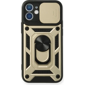 Aqua Aksesuar iPhone 12 Kılıf Kamera Korumalı Sürgülü Yüzüklü Armor Military Zırh Tank - Gold