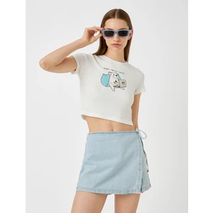 Baskılı Crop Tişört Bisiklet Yaka