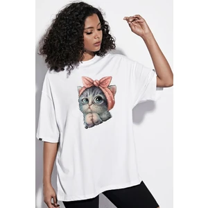 DAXİS Sportwear Company  Zokawear Oversize Unisex Beyaz Sevimli Minik Kedi Baskılı TShirt