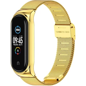 M.TK Moveteck Xiaomi Mi Band 7 Uyumlu Kordon Metal Hasır Çelik Örgülü Klipsi Kayış Ayarlanır Gold