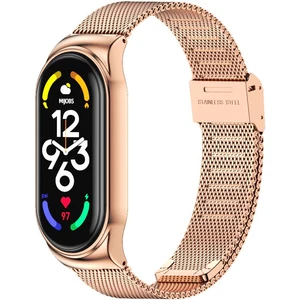 M.TK Moveteck Xiaomi Mi Band 7 Uyumlu Kordon Metal Hasır Çelik Örgülü Klipsi Kayış Ayarlanır Rose Gold