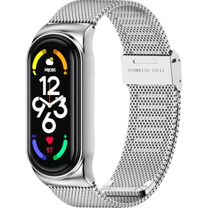 M.TK Moveteck Xiaomi Mi Band 7 Uyumlu Kordon Metal Hasır Çelik Örgülü Klipsi Kayış Ayarlanır Gümüş