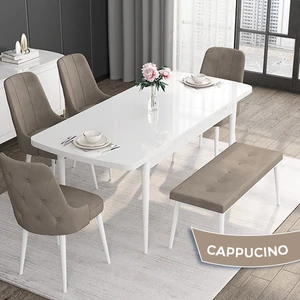 Concept Roy Serisi 80 x 132 cm Açılabilir Mdf Masa Beyaz Mutfak Masa Takımı 4 Sandalye 1 Bench