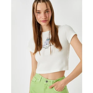 Baskılı Crop Tişört Bisiklet Yaka