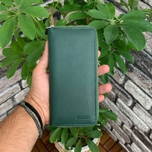 Hakiki Deri Unisex Yeşil Safiano Fermuarlı Portföy Cüzdan (T1528)