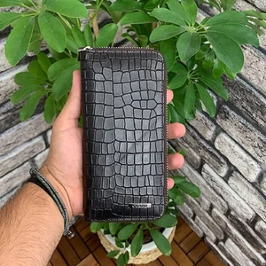 Hakiki Deri Unisex Koyu Kahve Kroko Fermuarlı Portföy Cüzdan (T1522)