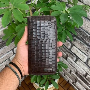 Hakiki Deri Unisex Kahve Kroko Fermuarlı Portföy Cüzdan (T1521)