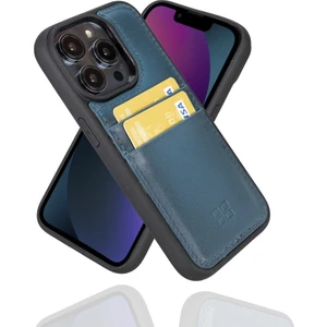Apple iPhone 14 Pro Uyumlu Deri Kartlıklı Arka Kapak BRN4EF Mavi