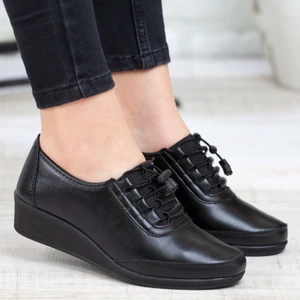 Kaof Shoes Kadın Ayzen Siyah Bağcıklı Babet Ayakkabı Anne Ayakkabı Günlük Ayakkabı Casual Ayakkabı