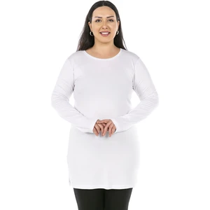Disentis Modest Büyük Beden Yuvarlak Yaka Uzun Kollu Viskon Uzun Beyaz Body