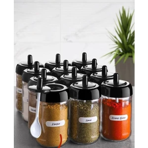 Stile Cucina Etiketli 12 Adet Kapağı Kendinden Kaşıklı Baharatlık Seti Uzun