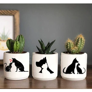 Dekozayn Home Kedi Köpek Dostluğu Desenli Beton Saksı Üçlü Set- Küçük Boy Sukulent Saksısı Çizim Kedicik Köpekcik