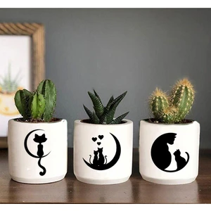 Dekozayn Home Kedi Desenli Beton Saksı Üçlü Set- Küçük Boy Sukulent Saksısı Çizim Kedicik