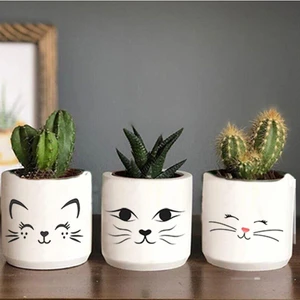 Dekozayn Home Kedi Yüzü Desenli Beton Saksı Üçlü Set- Küçük Boy Sukulent Saksısı Çizim Kedicik