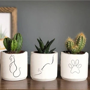 Dekozayn Home Minimalist Kedi Desenli Beton Saksı Üçlü Set- Küçük Boy Sukulent Saksısı Çizim Kedicik Hediyelik