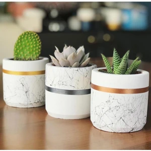 Mermer Desen Silindir,geometrik Beton Saksılık Kaktüs ve Sukulentlik 3'lü Set