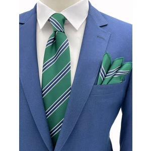Yeşil Lacivert Beyaz Çizgili Kravat Mendil Set