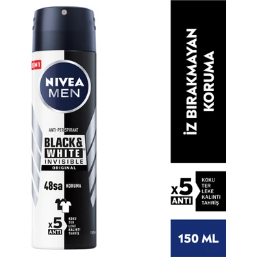 NIVEA Men Erkek Sprey Deodorant Black&White Invisible Original Ter ve Ter Kokusuna Karşı 48 Saat