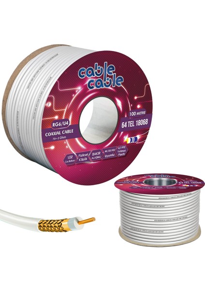 Cable Cable Anten Kablosu Rg6/u4 1.02MM 80TEL Bakır Alaşım 100MT Cablecable