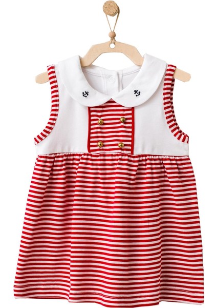 Kız Bebek Kırmızı Çizgili Önlük Yaka Elbise AC21669R