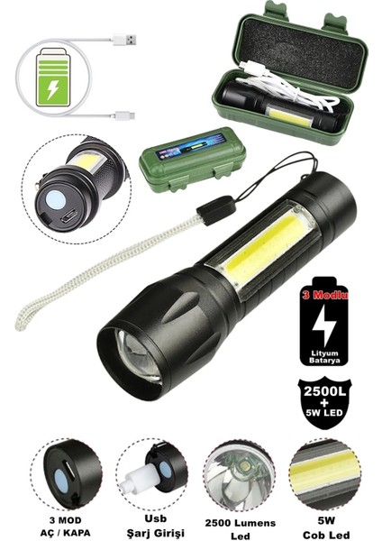 Yeni Model 2500 Lumens + 5W Cob LED USB Lion Şarjlı Ultra Güçlü Su Geçirmez Şarjlı El Feneri