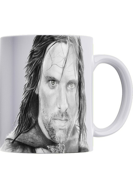 Lotr Karakalem Baskı Serisi Aragorn %100 Porselen Beyaz Kupa