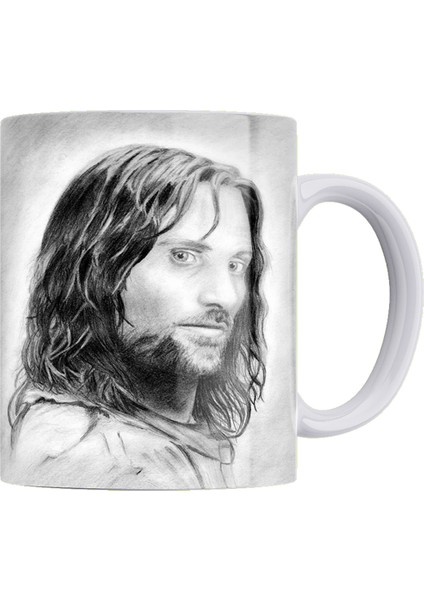 Lotr Karakalem Baskı Serisi Aragorn %100 Porselen Beyaz Kupa