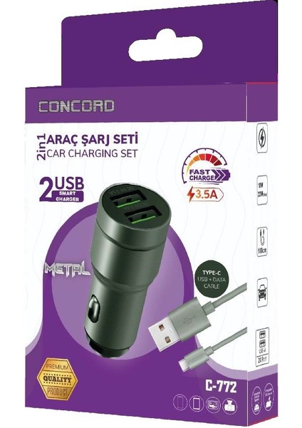 C-772 Type-C Kablo ve Metal Başlık Hızlı Araç Şarj Seti 2.4 + 3.5A 23W