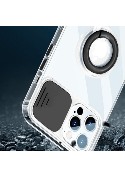 iPhone 11 Pro Sürgülü Kamera Lens Korumalı Yüzük Standlı Silikon Kılıf