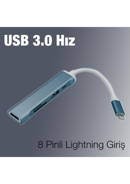 5'li Lightning Uçlu USB + Sd Kart Girişli S-503 Hub Adaptör Çevirici Dönüştürücü