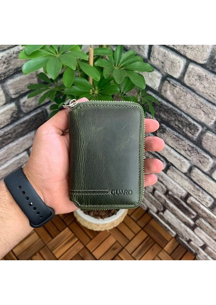 Hakiki Deri Antik Yeşil Fermuarlı Mini Erkek Cüzdanı (T1447)