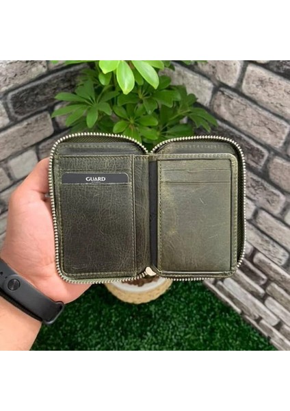 Hakiki Deri Antik Yeşil Fermuarlı Mini Erkek Cüzdanı (T1447) fiyatları