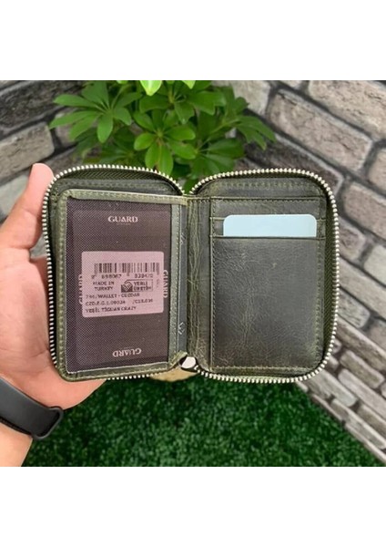 Hakiki Deri Antik Yeşil Fermuarlı Mini Erkek Cüzdanı (T1447) fırsatları