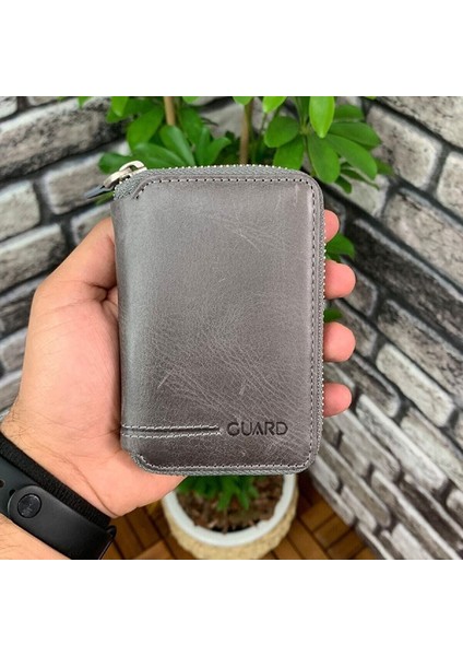 Hakiki Deri Antik Gri Fermuarlı Mini Erkek Cüzdanı (T484)
