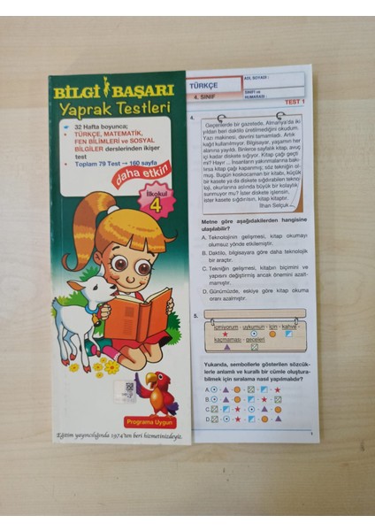 4. Sınıf Yaprak Test Türkçe - Matematik - Fen Bilimleri - Sosyal Bilgiler Derslerinden İkişer Test