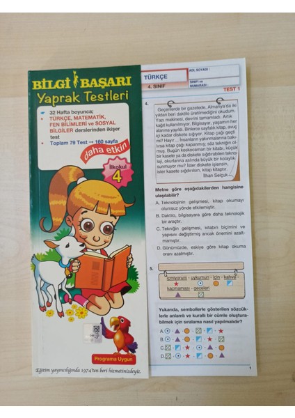 4. Sınıf Yaprak Test Türkçe - Matematik - Fen Bilimleri - Sosyal Bilgiler Derslerinden İkişer Test fiyatları