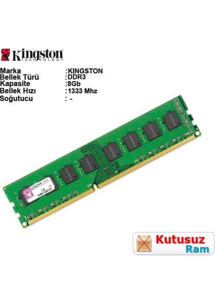 Kıngston 8gb Ddr3 1333MHZ Cl9 Pc Ram KVR1333D3N9/8