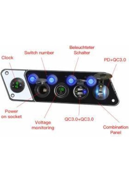 Switch Panel 4'lü Çakmaklık 3 Adet USB Girişi (3.0), 1 Adet Pd Girişi, Voltmetre, Dijital Saat