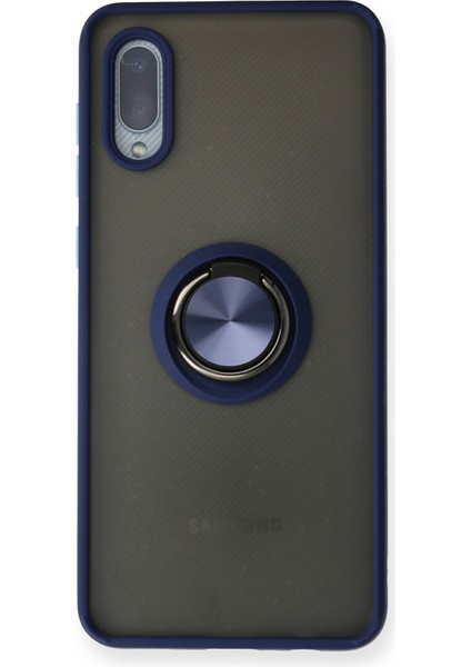 Samsung Galaxy A02 Kılıf Standlı Yüzüklü Buzlu Tasarım Arka Kapak - Lacivert
