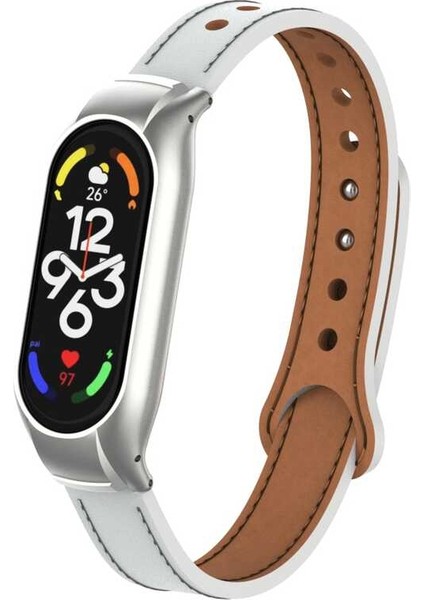 Xiaomi Mi Band 7 Uyumlu Kordon Leather Dikişli Deri Kayış Strap Tokalı Spor Delikli Tam Uyumlu Kordon