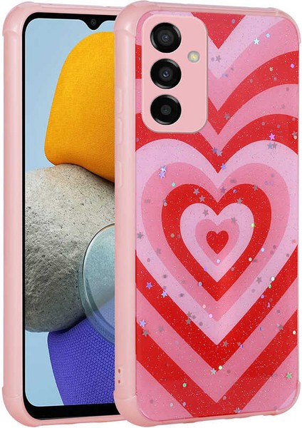 Samsung Galaxy M23 Uyumlu Kılıf Simli Kalpli ve Çiçekli Desenli Parlak Tasarım Soft Kılıf