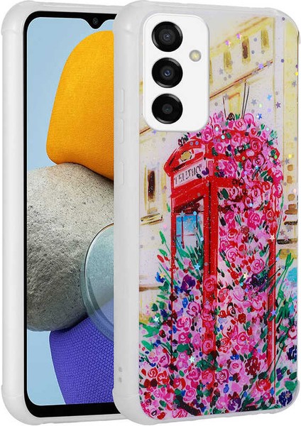 Samsung Galaxy M23 Uyumlu Kılıf Simli Kalpli ve Çiçekli Desenli Parlak Tasarım Soft Kılıf