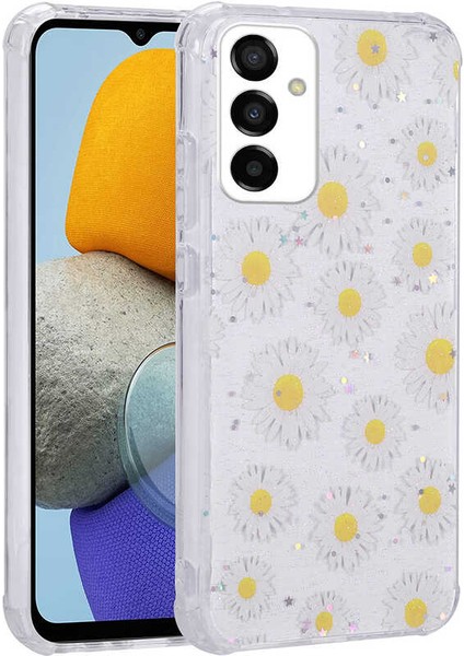 Samsung Galaxy M23 Uyumlu Kılıf Simli Kalpli ve Çiçekli Desenli Parlak Tasarım Soft Kılıf