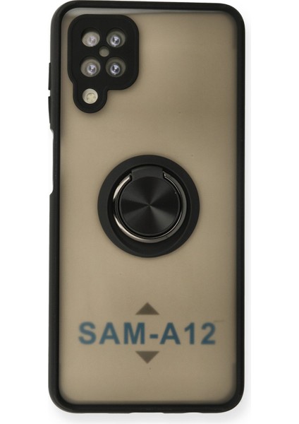 Samsung Galaxy A12 Kılıf Standlı Yüzüklü Buzlu Tasarım Arka Kapak - Siyah