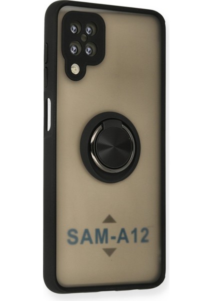 Samsung Galaxy A12 Kılıf Standlı Yüzüklü Buzlu Tasarım Arka Kapak - Siyah fiyatları