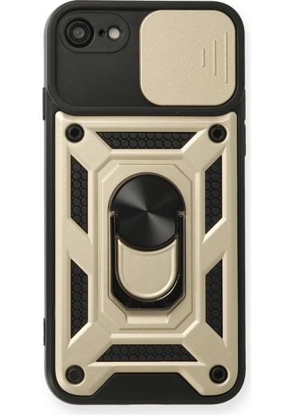 iPhone 7 Kılıf Kamera Korumalı Sürgülü Yüzüklü Armor Military Zırh Tank - Gold