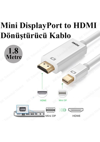 BK Teknoloji Yükskek Kalite Mini Displayport (Thunderbolt) To HDMI Dönüştürücü Kablo