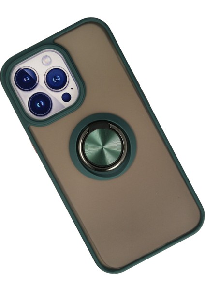 iPhone 13 Pro Max Kılıf Standlı Yüzüklü Buzlu Tasarım Arka Kapak - Yeşil